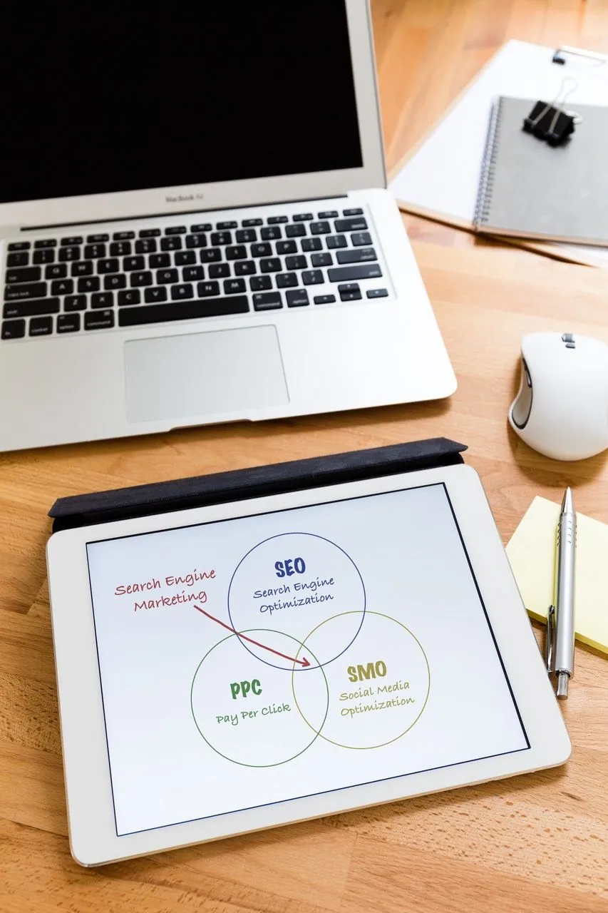 Tablet con un esquema de SEO, SEM y redes sociales